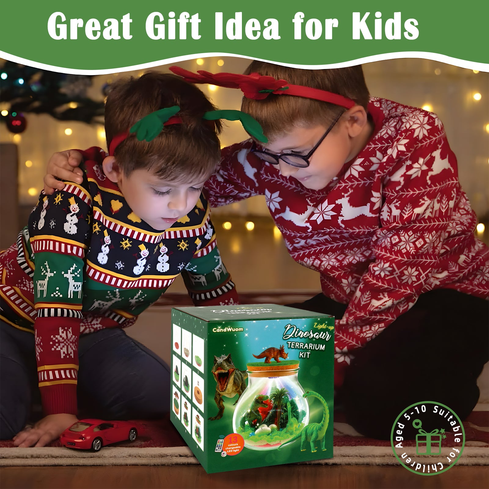 CandWuom Dinosaur Gifts for Boys - Dinosaurs Terrarium Kit for Kids - Birthday Gift for Boy Ages 4 5 6 7 8-12 Year Old - DIY Dino Toys for Boys - Arts and Crafts Kit for Kids