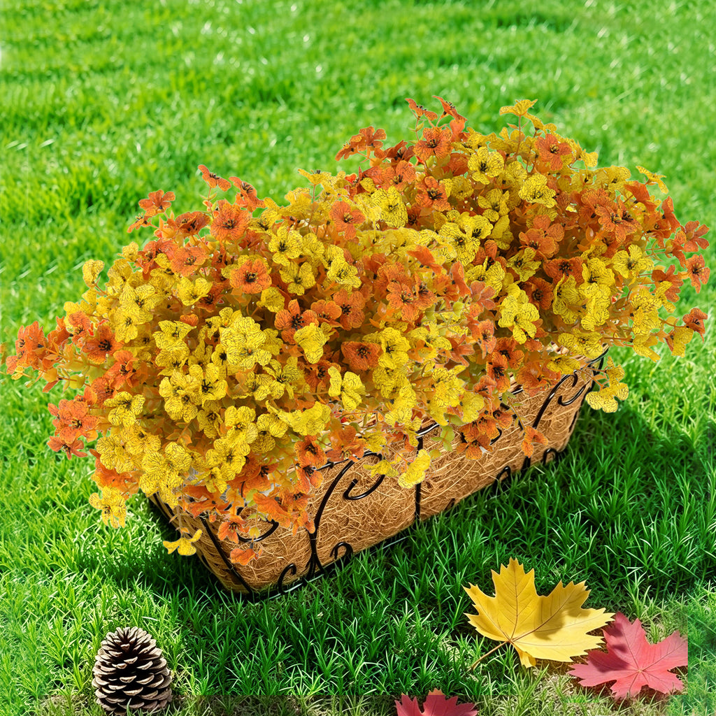 CandWuom Artificial Fall Flowers Fake Mums for Outdoor Autumn Decoration, 10 Bundles Faux Silk Orange Yellow Mums Daisy Look Real UV Resistant for Outside Home Porch Patio Planter