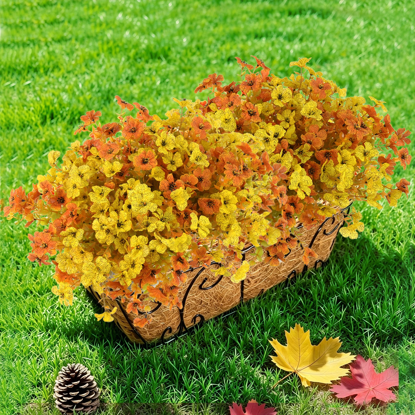 CandWuom Artificial Fall Flowers Fake Mums for Outdoor Autumn Decoration, 10 Bundles Faux Silk Orange Yellow Mums Daisy Look Real UV Resistant for Outside Home Porch Patio Planter