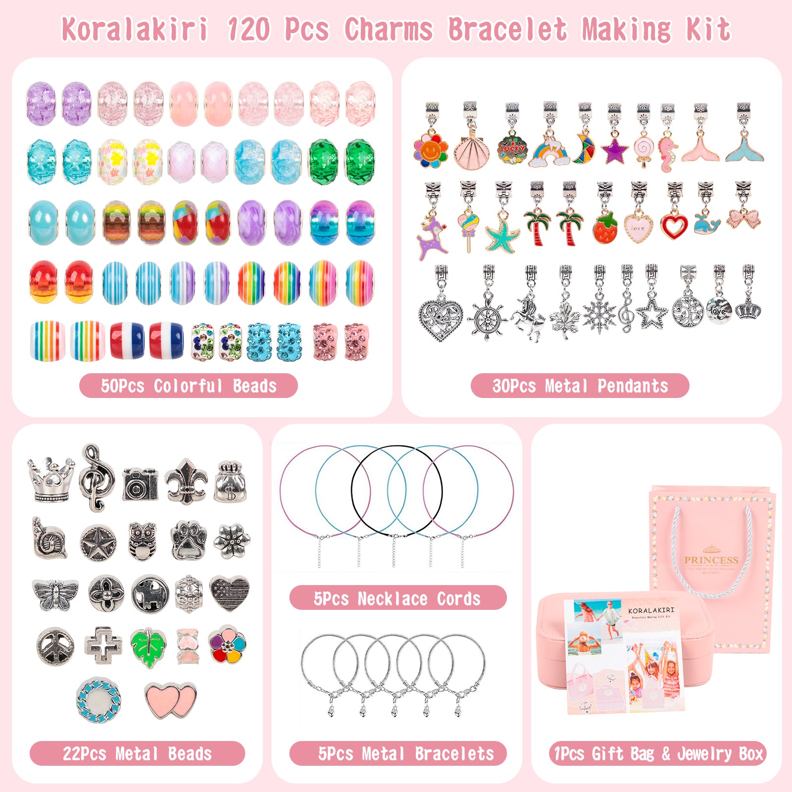 CandWuom 120 Pcs Charms Bracelet Making Kit, 120 Pcs Girls Jewelry Making Kit, Crafts Gifts for Teen Girls Ages 5 6 7 8-12, with a Portable Bracelet Organizer Box