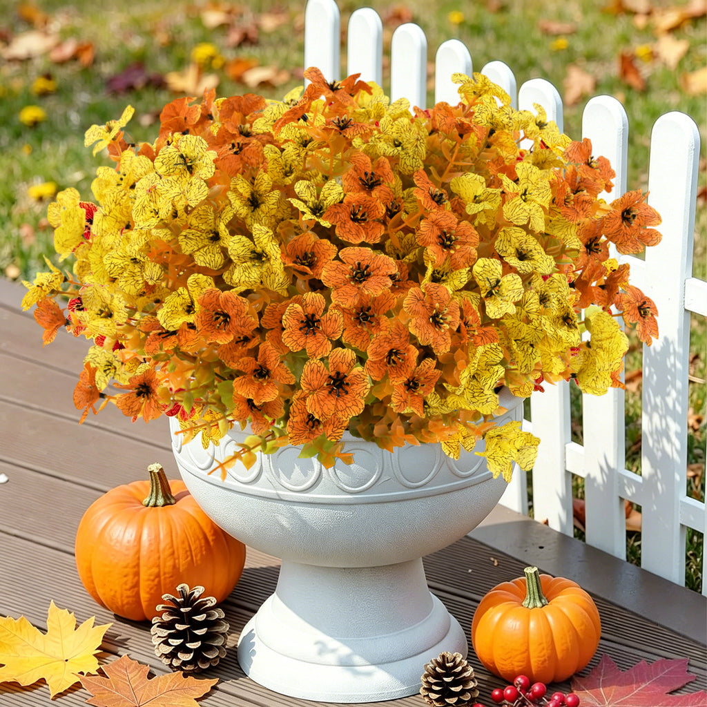 CandWuom Artificial Fall Flowers Fake Mums for Outdoor Autumn Decoration, 10 Bundles Faux Silk Orange Yellow Mums Daisy Look Real UV Resistant for Outside Home Porch Patio Planter