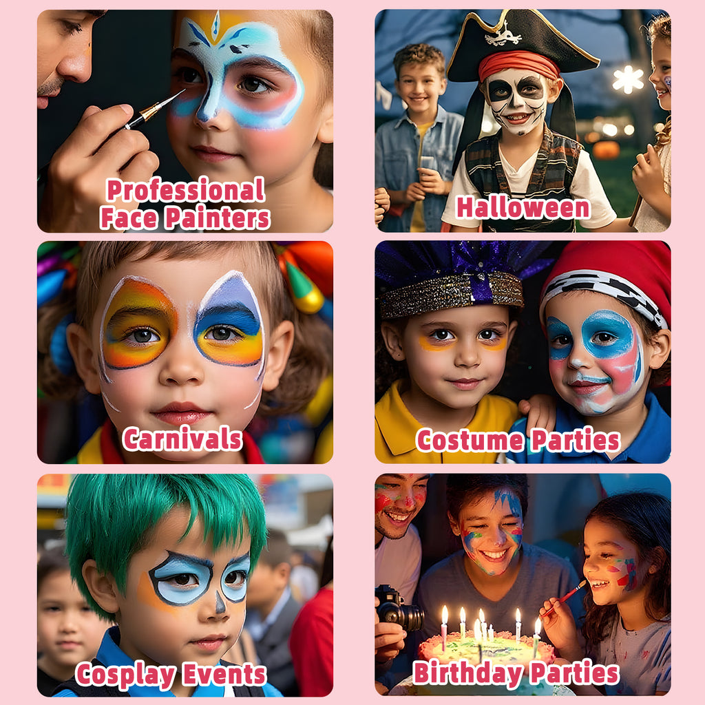 CandWuom Professional Face Painting Kit for Kids & Adults, Split Cake Face Paint Palette 12 x 10gm with Stencil, One Stroke Non Toxic Rainbow Body Paint Set for Halloween & Christmas Makeup