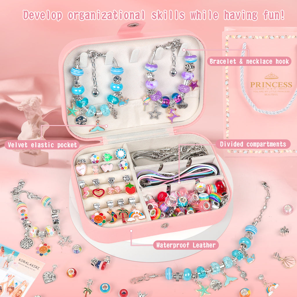 CandWuom 120 Pcs Charms Bracelet Making Kit, 120 Pcs Girls Jewelry Making Kit, Crafts Gifts for Teen Girls Ages 5 6 7 8-12, with a Portable Bracelet Organizer Box