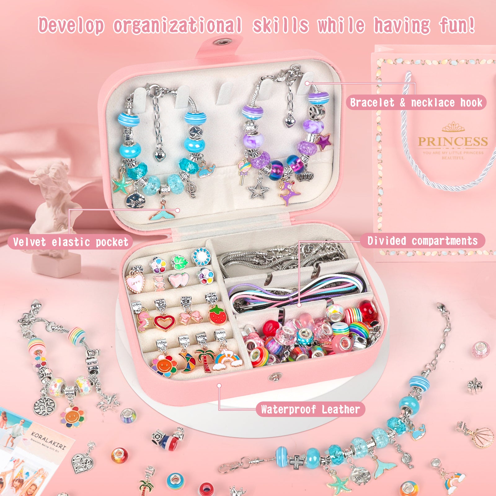 CandWuom 120 Pcs Charms Bracelet Making Kit, 120 Pcs Girls Jewelry Making Kit, Crafts Gifts for Teen Girls Ages 5 6 7 8-12, with a Portable Bracelet Organizer Box